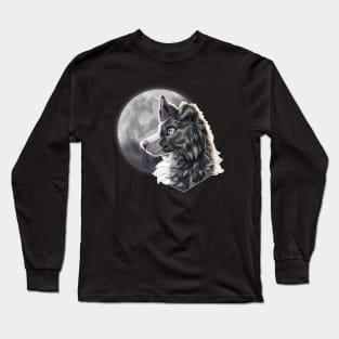 Blue Slate Merle Border Collie with Night Sky Full Moon Long Sleeve T-Shirt